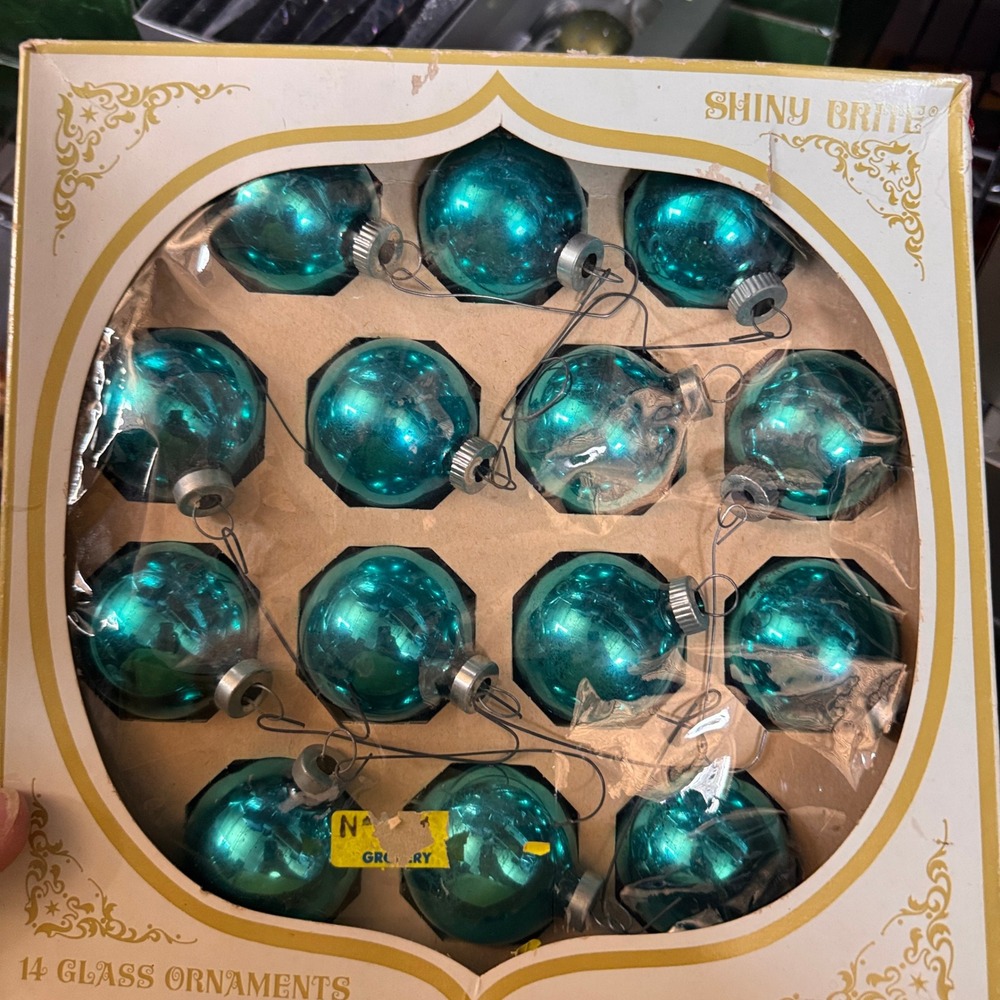 Shiny Brite Glass Christmas Holiday Ornaments Teal Vintage MCM 14 Piece Set